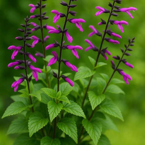 A cluster of green leafy stems of Salvia 'Lake Garda' 4" Pot, featuring tall spikes of purple tubular flowers set against a blurred green background.