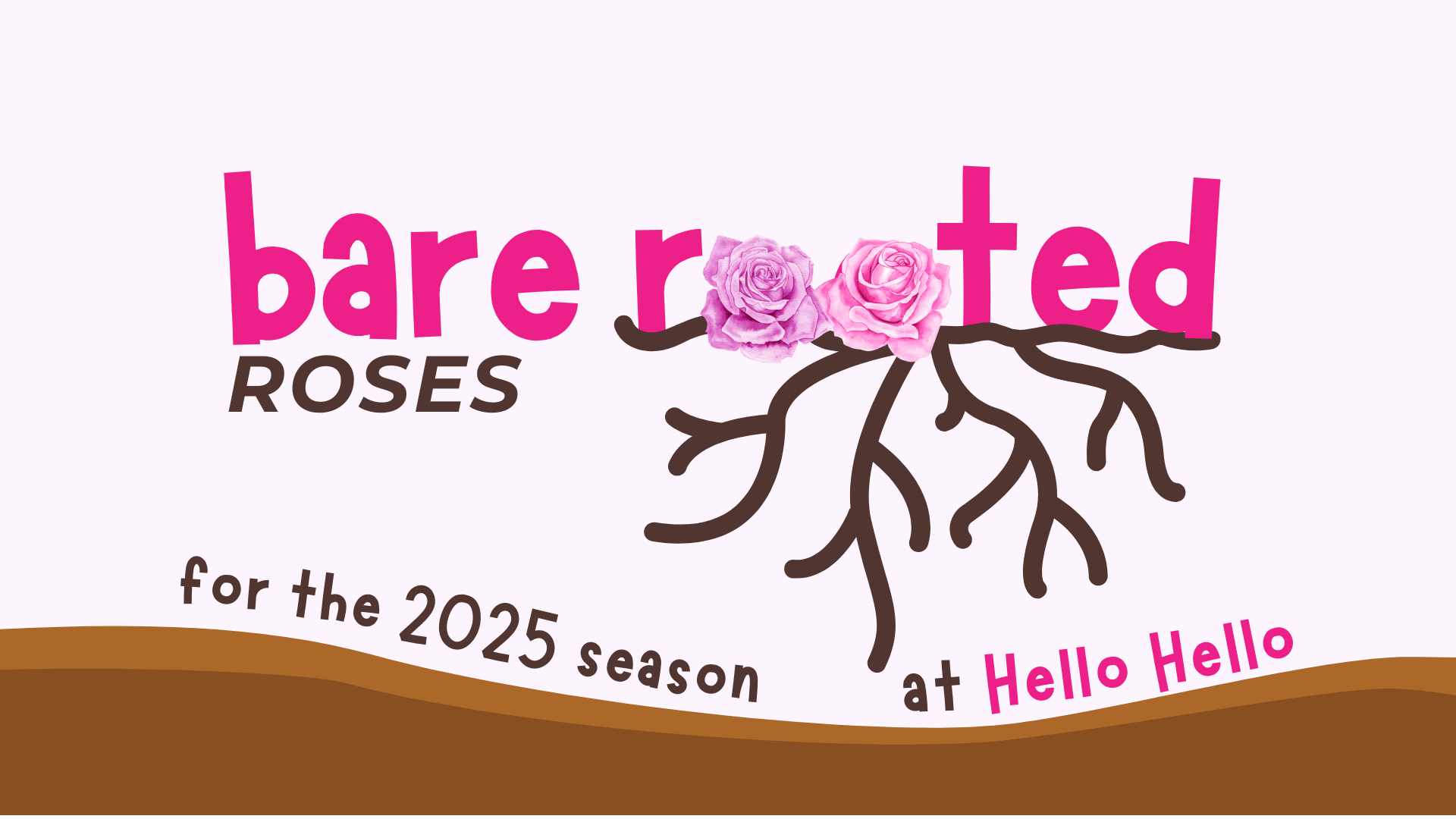 Graphic advertising "Bare Rooted Roses and Bare Rooted Standard Roses for the 2025 season at Hello Hello," with roots and roses artistically woven into the text.
