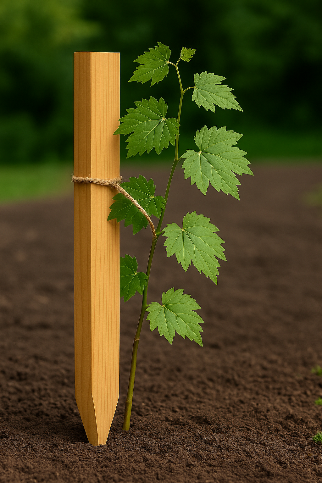 A young plant is supported by a Garden Stake Timber (25mmx25mmx1800mm) Pack of 10, helping it grow upright in freshly tilled soil with a blurred green backdrop.