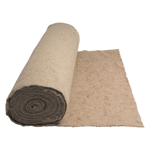 A partially unrolled beige insulation sheet displays its texture and thickness next to a Tree Stake Timber 38mmx38mmx1500mm (Copy) for scale.