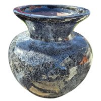 The Sorrento Grand Vase Velvet 70x66cm features a large, round, black ceramic design with a wide flared rim and mottled texture, inspired by the classic Sorrento Teardrop Urn.