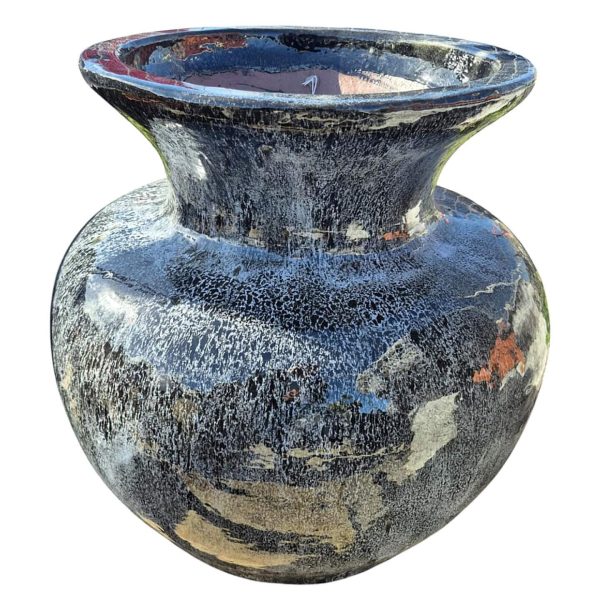 The Sorrento Grand Vase Velvet 70x66cm features a large, round, black ceramic design with a wide flared rim and mottled texture, inspired by the classic Sorrento Teardrop Urn.