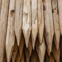 A close-up view of several Garden Stake Timber (25mmx25mmx1500mm) logs with pointed ends stacked vertically.