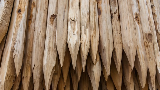 A close-up view of several Garden Stake Timber (25mmx25mmx1500mm) logs with pointed ends stacked vertically.