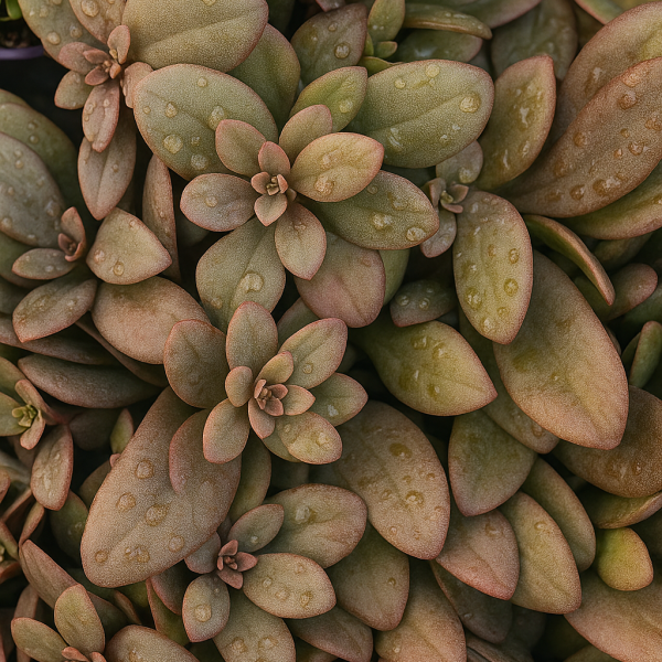 Close-up of overlapping, fleshy greenish-brown Sedum ‘Desert Black’ leaves with hints of pink and water droplets, highlighting their unique beauty in a 6” pot.