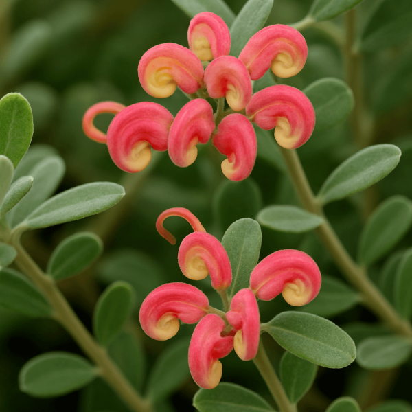 Close-up of two clusters of pink and yellow spiral Grevillea ‘Medika Marvel’ flowers with green, oval leaves in the background, displayed in a 6” pot.