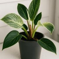 A potted plant with broad, dark green leaves featuring light green veins, placed on a white surface with some soil scattered around the pot.