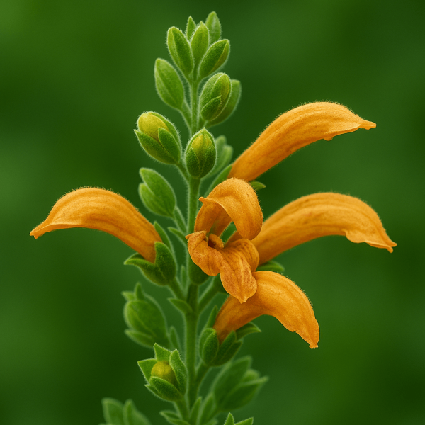 Close-up of Salvia ‘Green Ginger’ in a 4” pot, showcasing its orange flowers with three open petals and green leaves against a blurred green background.