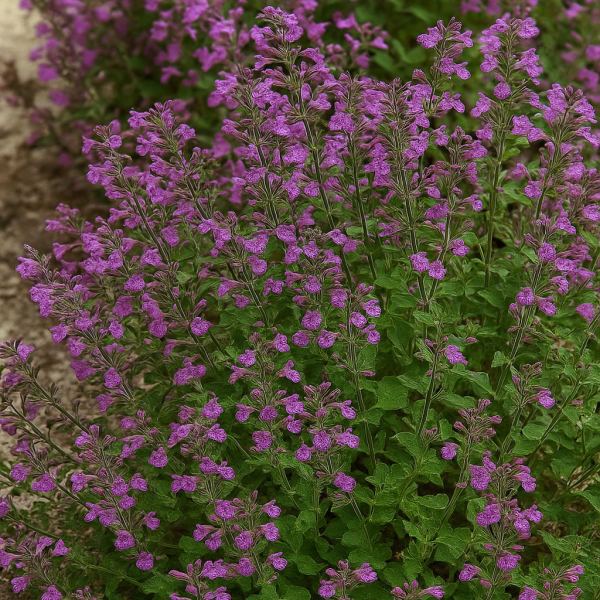 Dense clusters of small purple flowers on green leafy stems growing in a garden bed.
