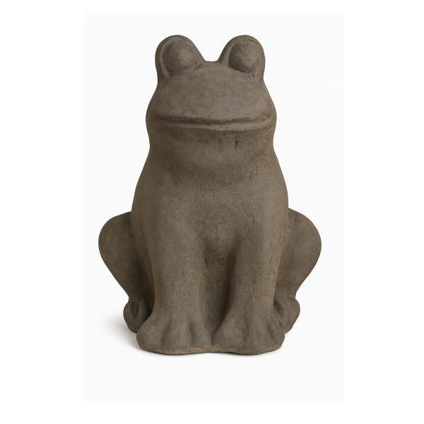 A brown Iridami Frog Traditional sculpture measuring 30x40cm, shown sitting upright and facing forward on a white background.