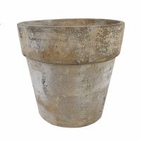 A weathered, empty terracotta flower pot with a wide rim and rough texture, set against a white background.