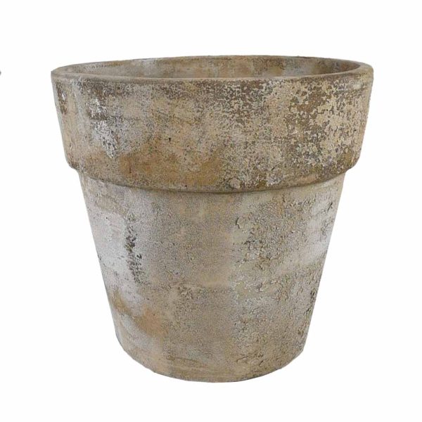 A weathered, empty terracotta flower pot with a wide rim and rough texture, set against a white background.