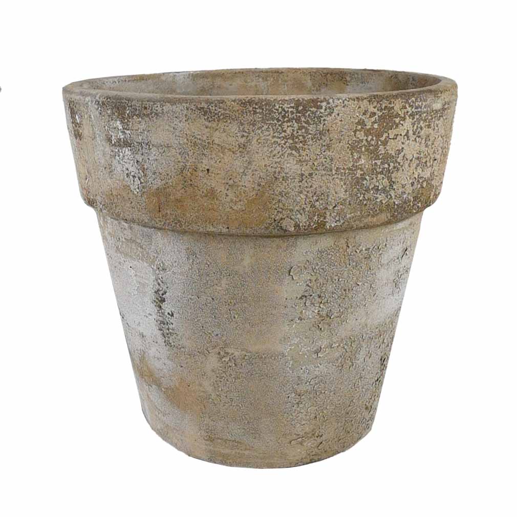A weathered, empty terracotta flower pot with a wide rim and rough texture, set against a white background.