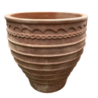 Large terracotta flower pot with decorative horizontal ridges and a scalloped pattern near the rim, set against a white background.
