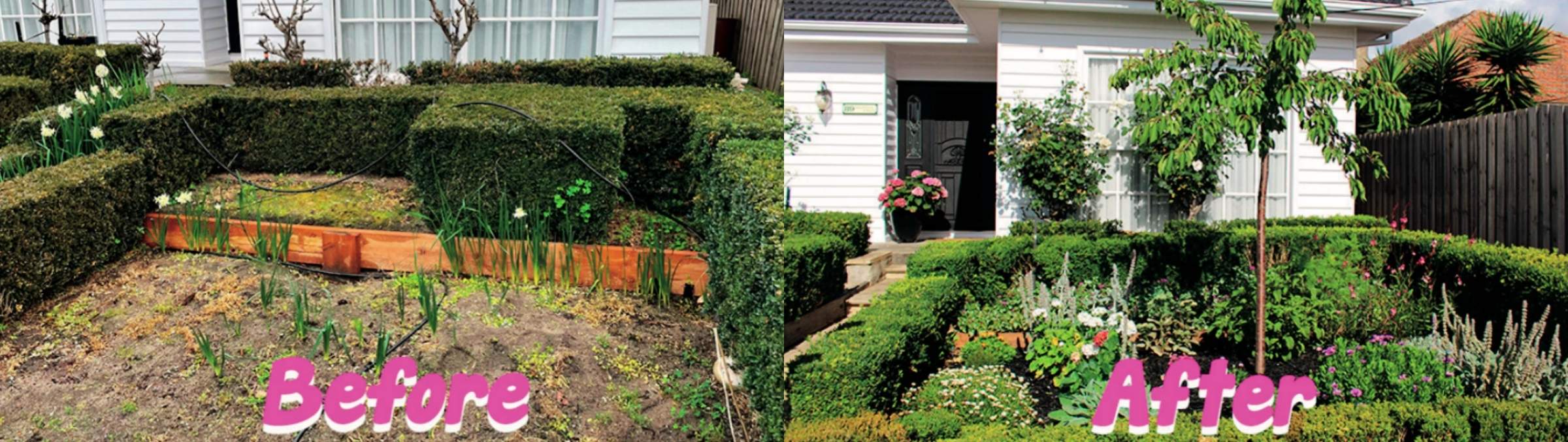 Side-by-side comparison of a front yard before and after landscaping, showing a sparse garden on the left and a lush, colorful garden on the right—an inspiring way to increase the value of your property.