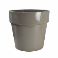 A plain, light brown ceramic flower pot with a wide rim, photographed on a white background.