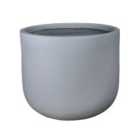 A plain, round, light gray ceramic planter with a smooth surface and no visible decorations, viewed from the front.