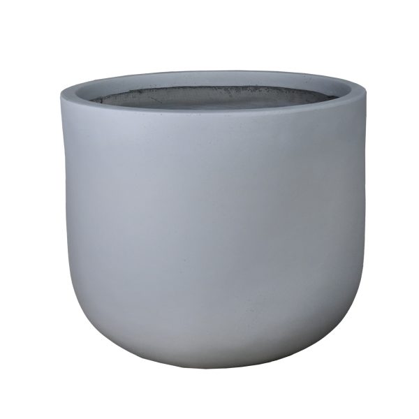 A plain, round, light gray ceramic planter with a smooth surface and no visible decorations, viewed from the front.
