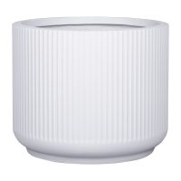 A white, cylindrical planter with vertical ridges and a smooth base, shown against a plain white background.