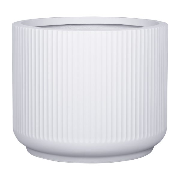 A white, cylindrical planter with vertical ridges and a smooth base, shown against a plain white background.