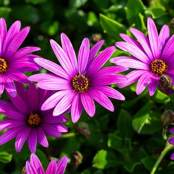 Five vibrant purple daisy-like flowers with yellow centers are blooming among green foliage in sunlight.