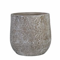 A round, textured stone planter with a rough, pitted surface and a wide opening at the top.