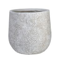 Round, textured concrete planter with a rough, light gray surface and a wide open top, standing empty against a white background.