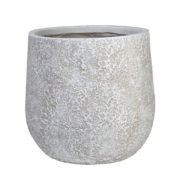 Round, textured concrete planter with a rough, light gray surface and a wide open top, standing empty against a white background.