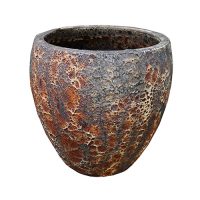 A round, textured ceramic pot with a rough, mottled surface in shades of brown and gray, placed against a white background.