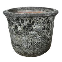 A round, black and gray textured stone planter with a wide rim and volcanic rock-like surface—perfect for pairing with the Seafoam Verona Planter Grey S 30x26cm or other Aqua Pot collections.