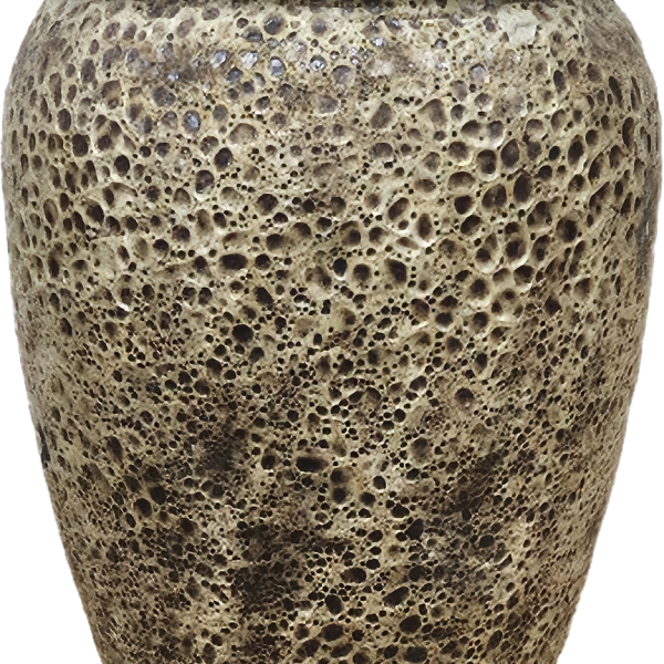 A textured ceramic vase with a rough, pitted surface and a mottled brown and beige finish.
