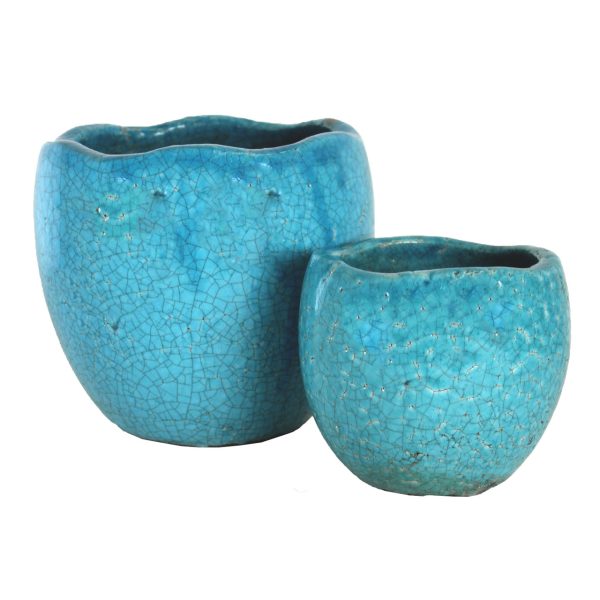 Two Tang Mini with Plug Rustica Blue 13x14cm pots, featuring a blue crackled glaze finish, sit side by side on a white background.
