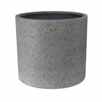 A plain, cylindrical, gray concrete planter with a textured surface and an open top.