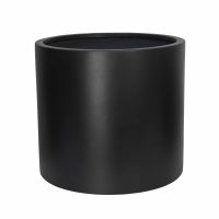A large, round, black cylindrical planter with a smooth surface and an open top.