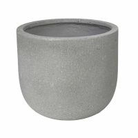 A plain, round, light gray concrete planter pot with a smooth surface and no decorations, shown empty against a white background.