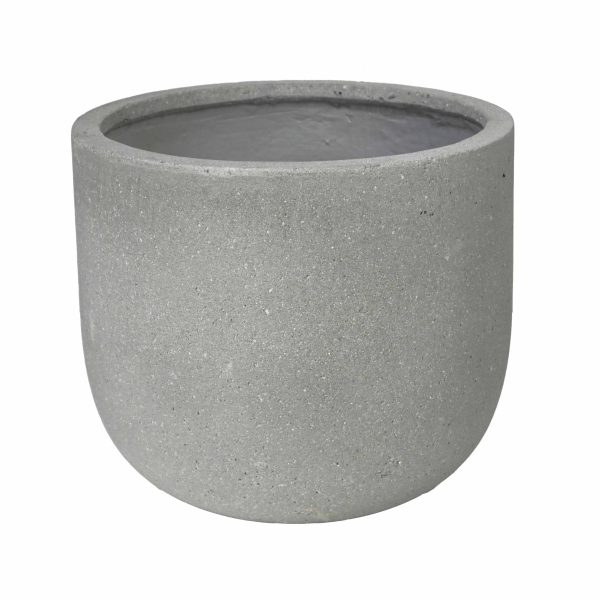 A plain, round, light gray concrete planter pot with a smooth surface and no decorations, shown empty against a white background.