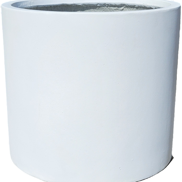 A large, plain white cylindrical planter or container with a smooth surface and an open top.