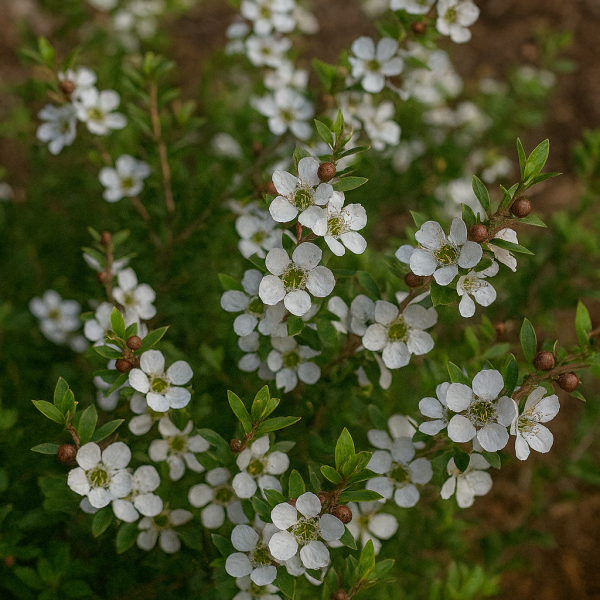 Leptospermum 'Shore Tuff' Tea Tree in a 15cm pot displays clusters of small white five-petalled flowers among green leaves, shown outdoors against a brown earthy background.