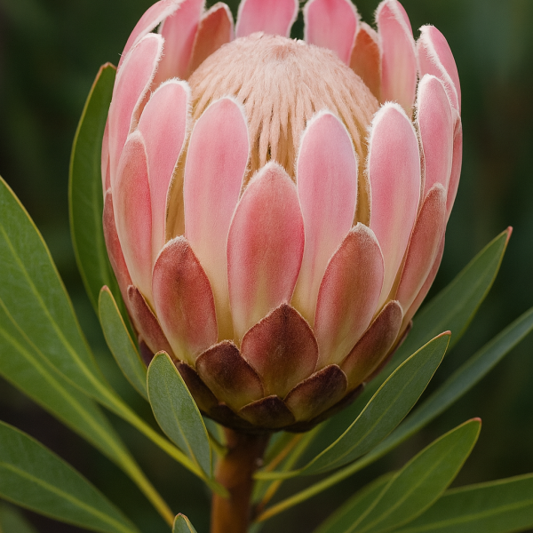 Close-up of Protea 'Pink Pearl' in a 15cm pot, featuring a single vibrant bloom with lush green leaves in the background.