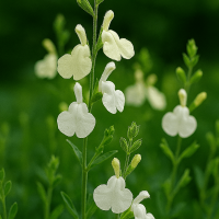 Close-up of Salvia 'Navajo White' Sage flowers with rounded petals blooming on green stems in a 10cm pot, set against a soft, blurred green background.