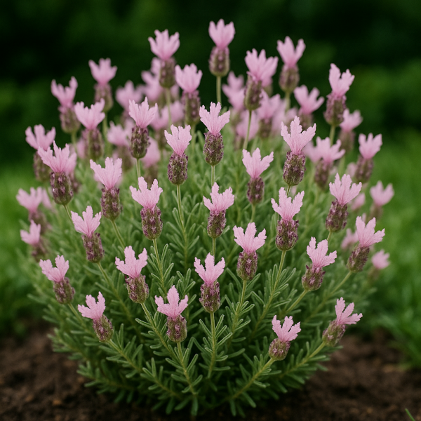 Lavandula Lavinnova® 'Baby Pink Princess' Lavender 15cm Pot is a compact shrub with dense green foliage and numerous light pink, tufted blooms that grows beautifully in garden settings.
