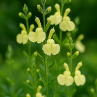 Close-up of tall green stems and clusters of pale yellow flowers of Salvia 'La Luna' Sage, set against a blurred green background. Available in a 10cm pot.