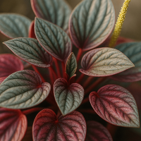 Close-up of Peperomia 'Sunrise' in a 5" pot, displaying its heart-shaped leaves with green and red veins and a single upright yellow flower spike.