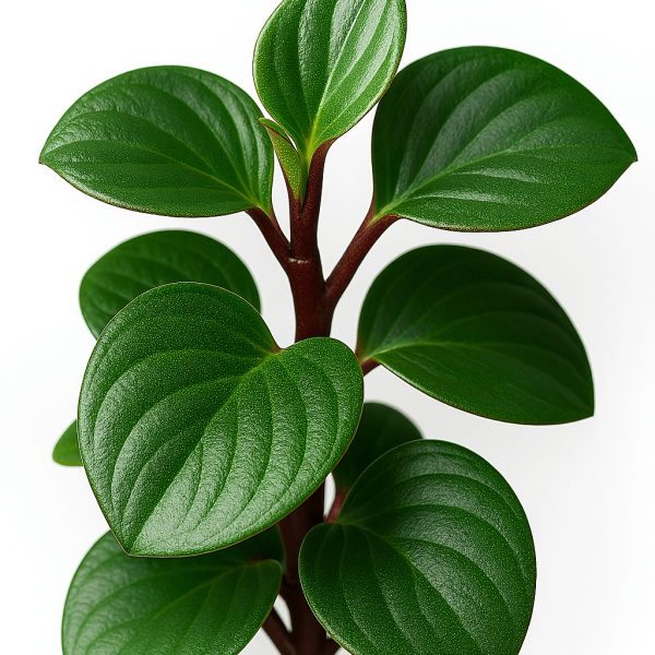 A close-up of Peperomia 'Red Canyon' in a 5" pot, featuring thick, glossy dark green leaves and a reddish stem, set against a white background.
