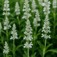 Salvia ‘White Flame’ 15cm Pot features upright white flower spikes with green stems and leaves, densely arranged for eye-catching garden or container displays. Ideal for adding bright colour to beds or pots.