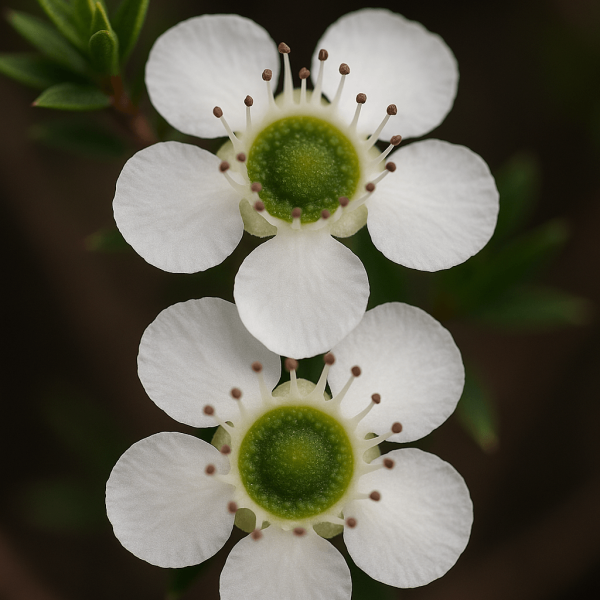 Leptospermum 'White Wave' in a 15cm pot features striking white five-petalled blooms with green centres and prominent stamens, set against lush green foliage—ideal for adding elegance to any space.