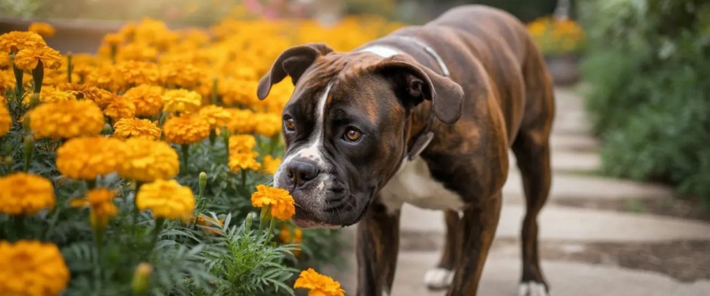 A brindle boxer dog sniffs yellow marigold flowers—one of many dog-friendly plants—along a garden path.