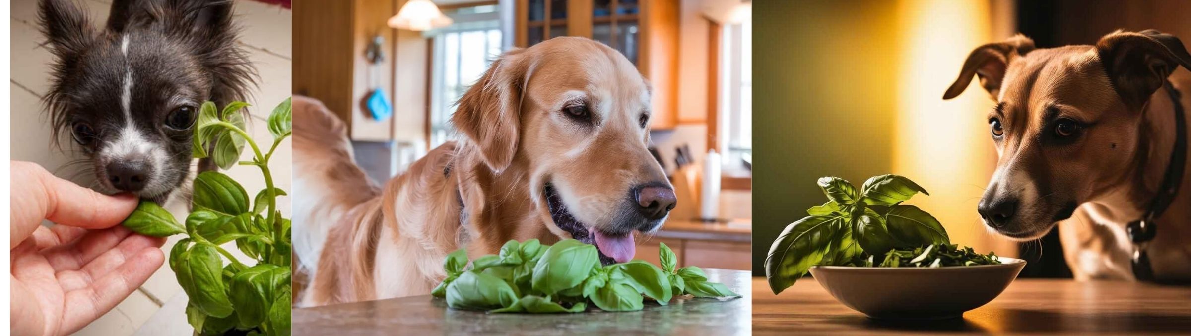 Three dogs interact with dog-friendly plants: one sniffing, one licking, and one staring at a bowl of fresh basil on a table in separate indoor settings.