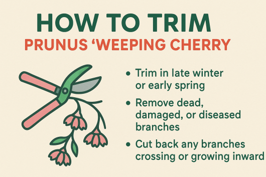 Illustrated guide on trimming Weeping Cherry Trees with secateurs, including tips on timing, removing damaged branches, and cutting crossing branches for healthier Prunus growth.
