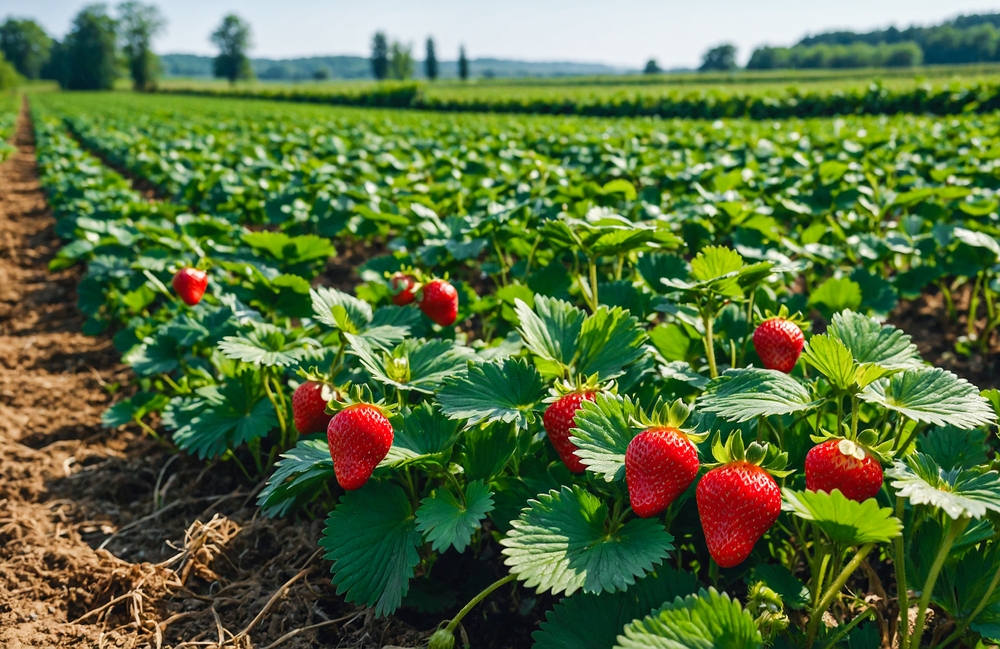 Rows of strawberry plants with ripe red strawberries growing in a large, sunlit field, ready for fresh strawberry picking.